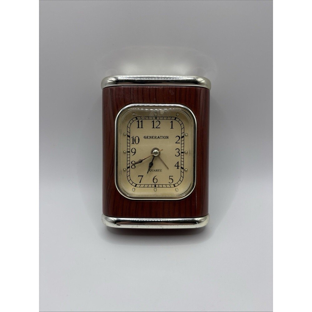Generation Quartz Analog Desk Clock Brown/Silver Arabic Numerals Faux Wood Grain